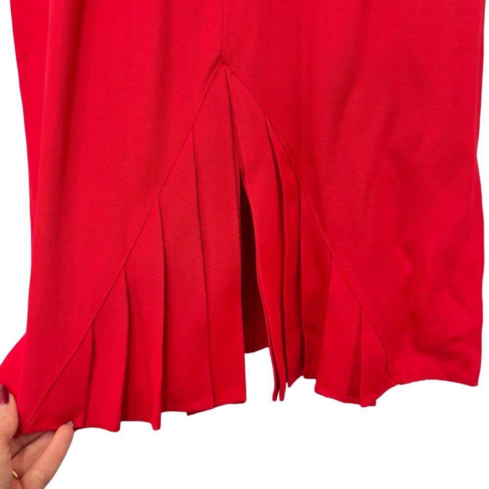 Vintage 80s Red Black Collared Belted Pleated Shoulder Pads Midi Dress size M - Picture 7 of 16